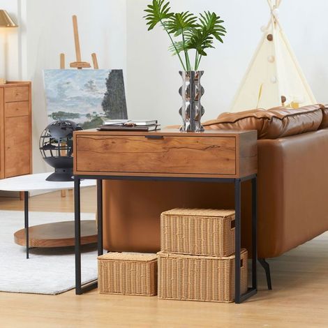 Table D’Appoint 80x30x76cm avec Tiroir Style Industriel Console Entrée Bois Naturel - Bout De Canapé - Table Console Salon Couloir (1/5)