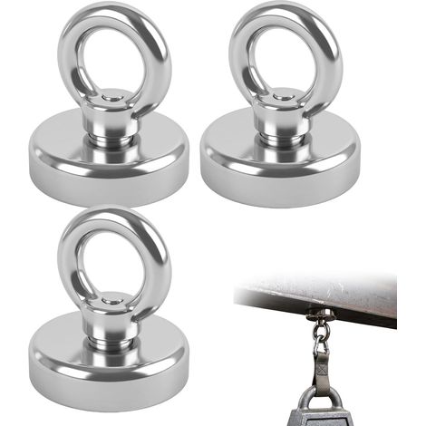 3 Pièces Aimant Néodyme à Œillet Ø25mm, Force de Traction 20kg, Aimant Puissant en Boîtier Acier pour Ramasser Vis Fixation, Rond (1/2)
