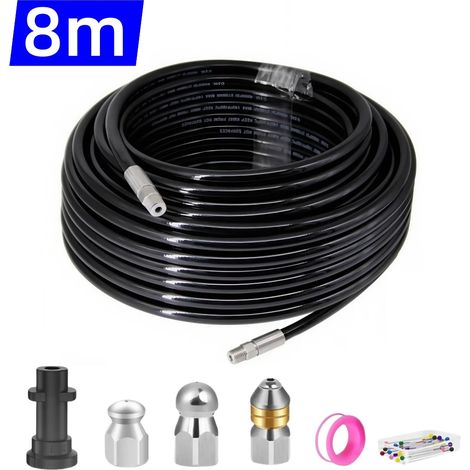 Tuyau de débouchage (8 m) pour nettoyeur haute pression, filetage NPT 1/4", buse de nettoyage à jet d'eau rotative et bouton pour Karcher. (1/5)