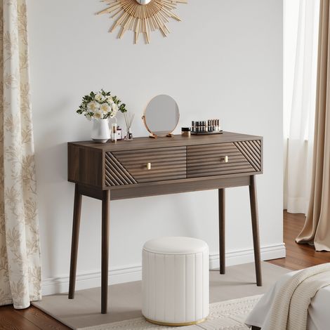 Table console en MDF finition noyer avec 2 tiroirs, style moderne du milieu du siècle,100x35x80cm (1/5)