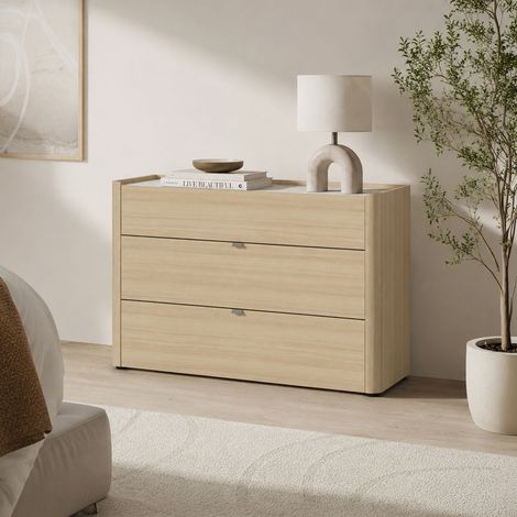 Commode 3 tiroirs 120x47x80 cm décor chêne clair et effet marbre (1/5)