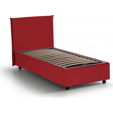 Dmora - Letto singolo Dbasell, Letto contenitore con rivestimento in tessuto, 100% Made in Italy, Apertura frontale, adatto per materasso Cm 90x200, Rosso