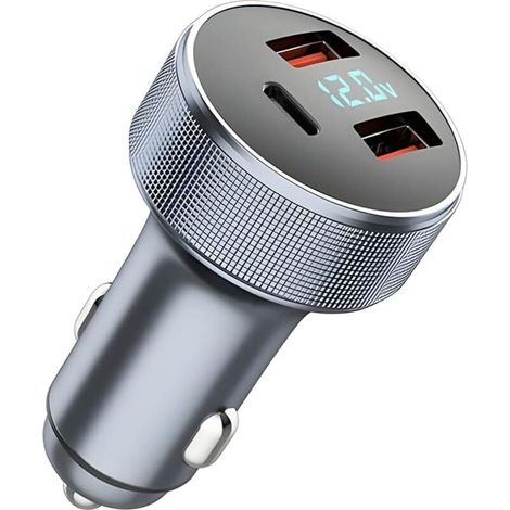 Caricabatterie da auto USB da 72 W, adattatore di ricarica rapida, in metallo, doppia porta USB 18 W QC 3.0 + 36 W PD, caricabatterie da auto USB con voltmetro a LED (grigio) -Crezuo