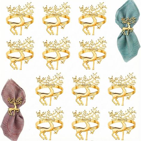 12 pièces ronds de serviette Noël dont 6 rennes dorés, pour décoration table fête, mariage et Thanksgiving