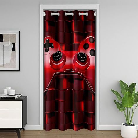 Géométrique Rideau de Porte 132x203 Jeu Rideau Occultant Garçon Noir Rouge Foncé Jeu Vidéo Grille Rideau de Porte 3D Gamepad Carré Contrôleur de Jeu Lumineux Tartan Rideau Porte Entrée - 132x203cm (1/5)