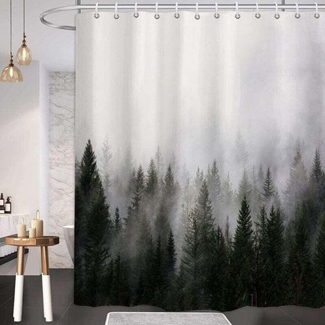 Duschvorhang „Nebelwald“, Naturmotiv, Winterbaum, wasserdichtes Polyester, 183 x 183 cm