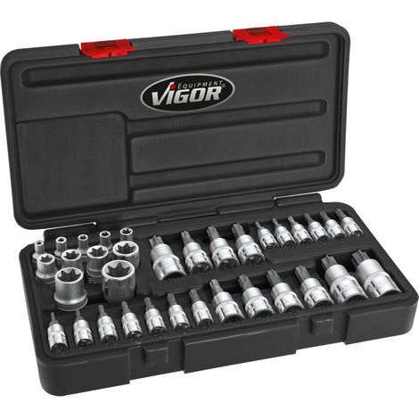 VIGOR TORX Steckschlüssel Satz V1781 Vierkant hohl 6,3 10 12,5 mm (1/4 3/8 1/2 Zoll) Außen TORX Profil Innen TORX Profil Tamper Resistant TORX Profil E4 – E20 T9 – T60 34 teilig (1/5)