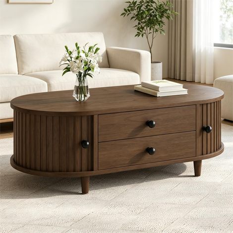 Table basse ronde avec portes enroulables, table basse en noyer avec 2 tiroirs, table d'appoint, table de salon en MDF, console avec pieds en bois massif, 100 × 50 × 36 cm, charge maximale 50 kg (1/4)