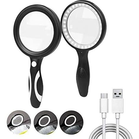 Loupe éclairée à 33 LED Loupe de lecture 30X Lampe de lecture éclairée 3 modes de gradation Loupe LED haute clarté pour les personnes âgées, les enfants, les bijoux, les livres d'artisanat (1/5)