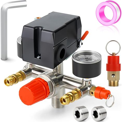 Compresseur d'air Pressostat Vanne de régulation 6.5-8.6 BAR/95-125 PSI 110V-240V 1 voie Pièces de rechange Avec manomètre 0-12BAR/0-180PSI et régulateur de collecteur (1/5)