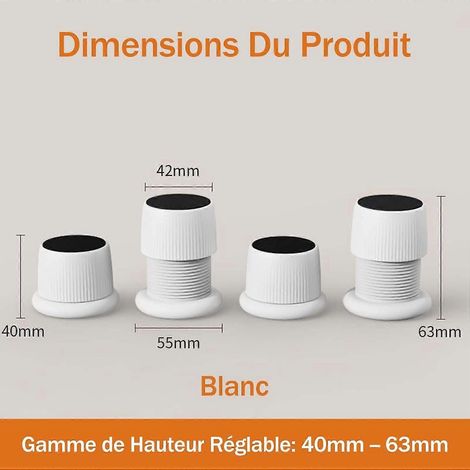 Lot de 4 pieds de meubles réglables rehausseurs antidérapants pour meubles lit canapé berceau surélévation de 41 à 63 cm blancs (1/4)