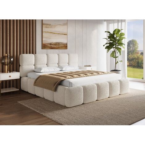 Lit coffre tissu bouclette beige 180x200 cm BUBBLE