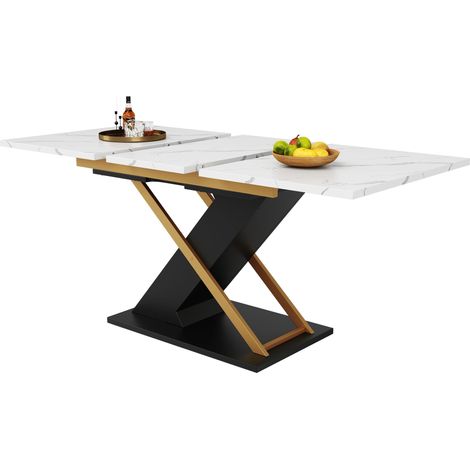 Table à manger extensible (120-160×80cm), table cuisine-salon, extensible à 160cm via plateau intérieur, pieds croisés dorés (1/5)