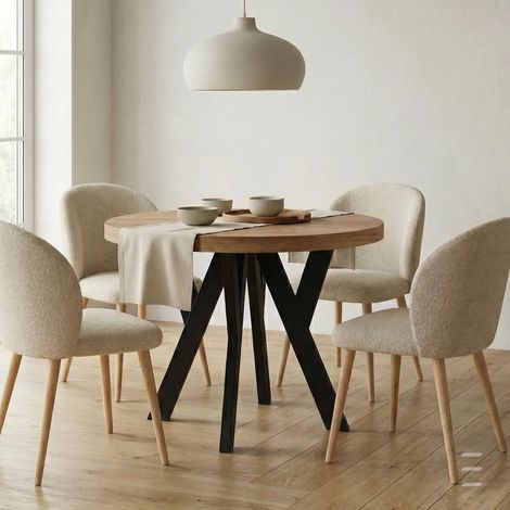 Table de salle à manger ronde extensible PERO, style loft, scandinave, diamètre : 90 / 140 cm, couleur :wotan / noir (1/5)