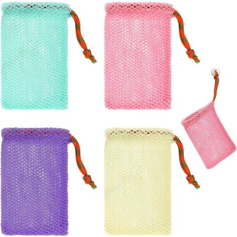 Nylon-Seifenbeutel, farbenfroher Seifenbeutel mit Kordelzug, 4-teiliges Set. Seifenbeutel für feste Seife. Seifennetz. Duschbeutel. Netz zum Aufschäumen und Trocknen fester Seife. (1/4)