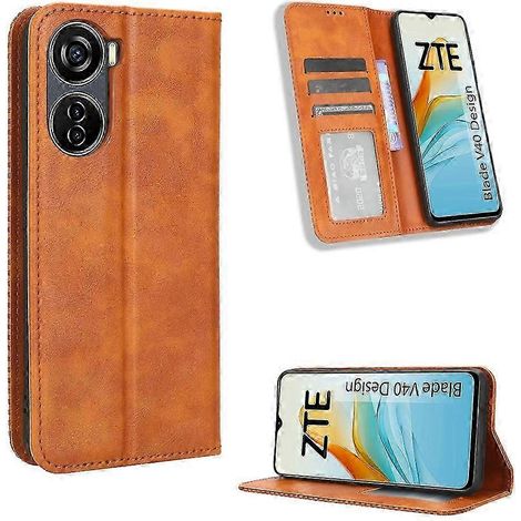 Retro-Lederhülle mit Magnetverschluss für Blade V40, elegante Schutzhülle, Klappentasche mit Magnetverschluss, Vintage-Stil, braun, robust und schlank, kompatibel mit dem Handy. (1/4)