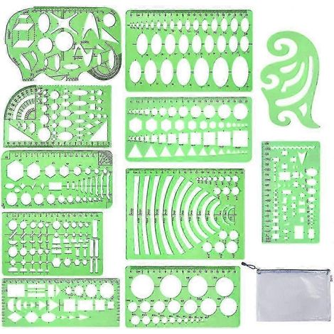Gabarits de dessin géométrique en 11 pièces avec règles de mesure en plastique transparent vert, outils de dessin technique pour l'architecture et l'ingénierie (1/4)