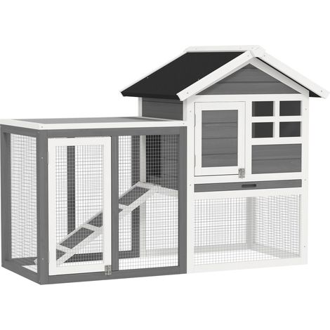 Conigliera/gabbia completamente attrezzata: conigliera superiore con rampa, vassoio raccogli-escrementi, finestra + recinto esterno sicuro con 2 porte, 123,5L x 62,6W x 92,5H cm, grigio
