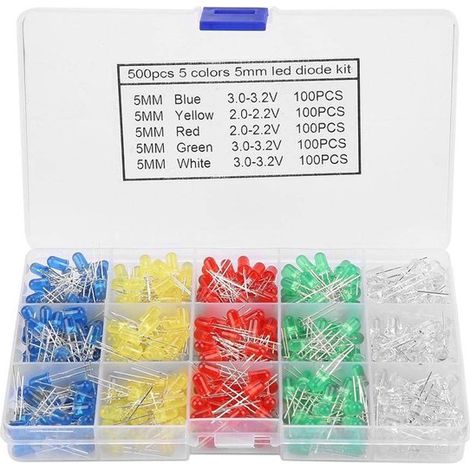 Kit surtido de 500 diodos LED de 5 mm en colores rojo, amarillo, azul, verde y blanco - Juego de diodos luminosos LED de 5 mm (1/5)