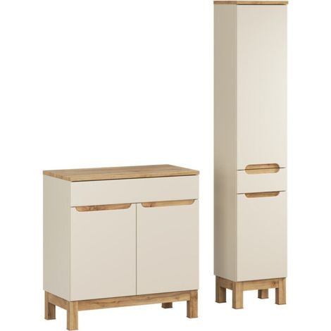 Badezimmer-Set ERMANO Kaschmir und Eichenoptik 115cm: Waschtischunterschrank + Waschtischplatte + Hochschrank
