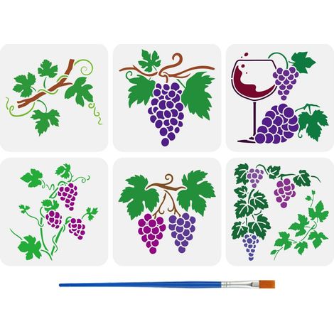 6Pcs Pochoir de Peinture de Vigne Avec Pinceau 20x20cm 6 Styles Modèle Dessin de Raisin Vigne Verre Gobelet Plantes Thème DIY Modèle Décoration pour Peinture sur Bois Mur Tissu Meubles (1/5)