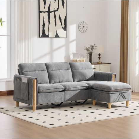 Divano angolare 3 posti in ciniglia con ottomano contenitore reversibile, grigio chiaro DESVIAE (1/5)