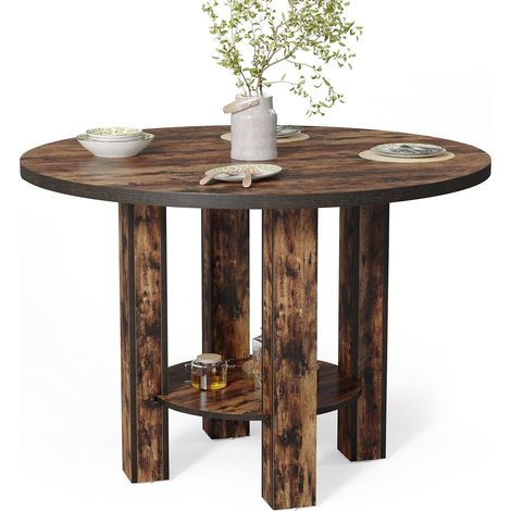 Tribesigns – Table à manger ronde 100 cm pour 4 personnes – Bois rustique avec étagères de rangement – Design moderne pour salle à manger et salon (1/5)