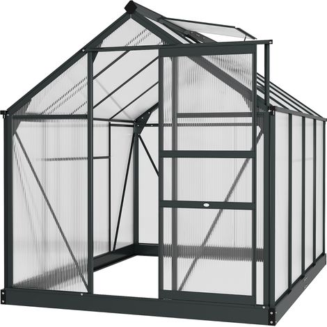 6 x 8ft Polycarbonate Greenhouse, Large Walk-In Green House with Slide Door and Window, Garden Plants Grow House with Aluminium Frame and Foundation, Grey