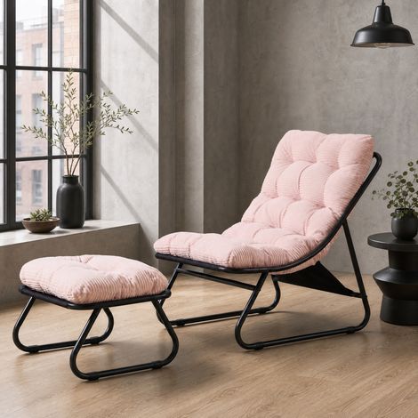 Poltrona da esterno con pouf, chaise longue da patio in acciaio, cuscino rosa, nero HAVRYA (1/5)