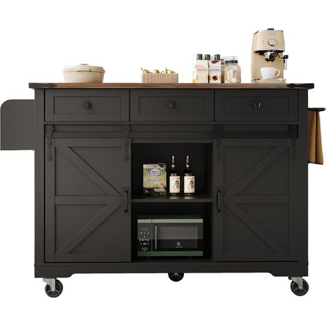 Îlot de cuisine,desserte avec plan de travail extensible,chariot sur roulettes,meuble avec 2 portes coulissantes et 3 tiroirs,effet bois,noir