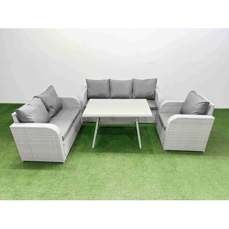 Fimous Rattan High Back Lounge Sofa Set Patio Dining Table & Chairs Set with 3 Seater Sofa Reclining Chair Light Grey (1/4)