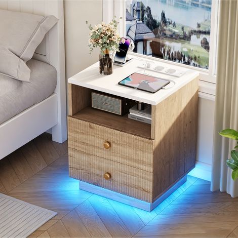 JOOKGBD-Lot de 2 tables chevet multifonction station charge 2 prises USB-C, 2 tiroirs plateau étanche, LED RGB musique APP, meuble blanc glissières silencieuses chambre salon socle lumineux (1/5)