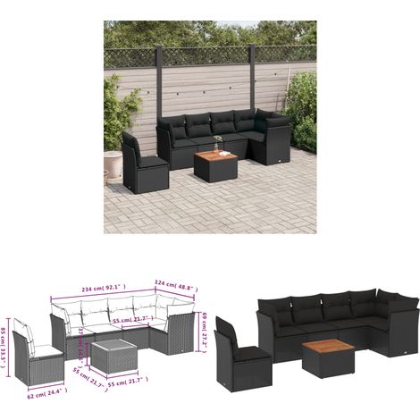 7-tlg. Garten-Sofagarnitur mit Kissen Schwarz Poly Rattan - Gartensortiment - Gartenmöbelset - Outdoor Möbel - Lounge Set - Rattan Gartenmöbel - Home & Living (1/3)