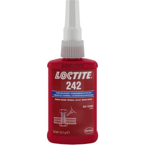 Loctite 242, adesivo blu da 50 ml per il fissaggio di filettature metalliche contro l'allentamento, resistenza media, viscosità media, tissotropico, polimerizzazione rapida su acciaio, ottone, smontag