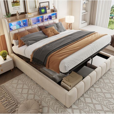 MEUBLIV Lit coffre rembourré 180 x 200 cm – lit double avec LED USB et USB C – tête de lit avec rangement – tissu lin beige (1/4)
