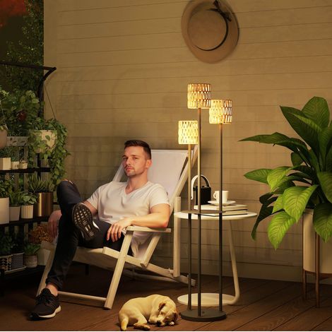 Lampada da terra solare da esterno 3 luci con ripiano in rattan giallo Ø37 x H144 cm OKWISH (1/5)