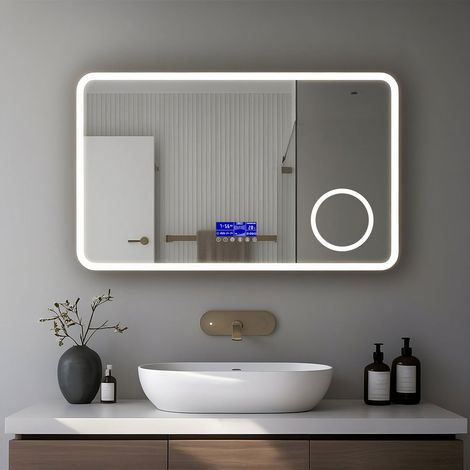 Miroir LED spécial maquillage 140x80 avec zone grossissante X3 et horloge digitale pour salle de bain