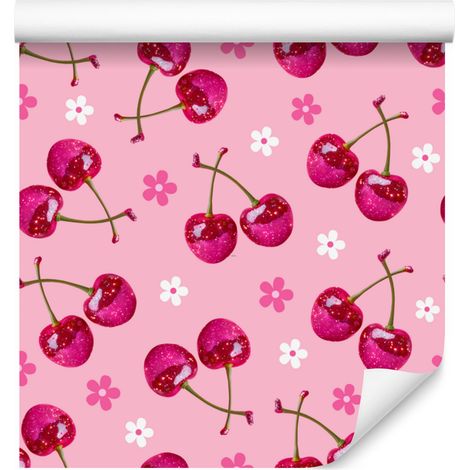 Papel pintado de cerezas en tonos rosa empolvado y morado para salón y dormitorio, 50x1000 cm. (1/4)