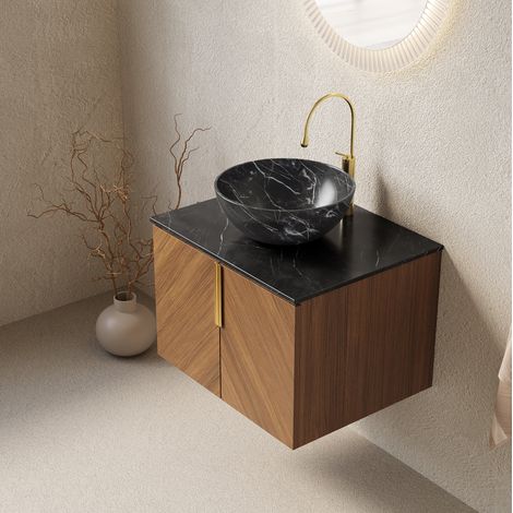 Meuble vasque suspendu 61x50x55,1 cm en céramique noir/espresso, 2 portes gain de place – MEUBLIV (1/5)