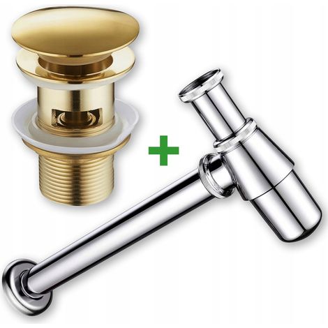 Set: tappo click-clack con troppopieno dorato + sifone per lavabo (1/5)