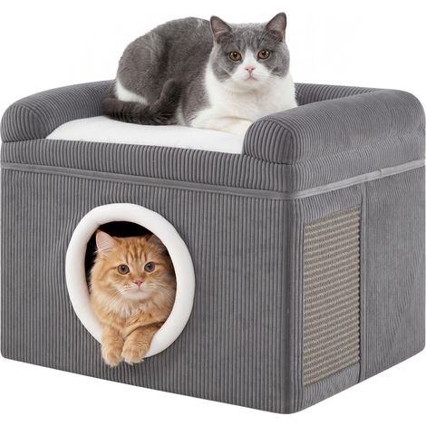 Maison pour Chat Pliable à 2 Niveaux, Condo, Tapis à Griffer en Sisal, Niche Chat Interieur, Coussin Doux, Charge 15 KG, 49 x 41 x 39 CM, Gris