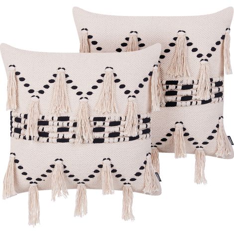 Conjunto de 2 cojines decorativos de algodón beige 45 x 45 cm con borlas boho retro decoración accesorios Thondi