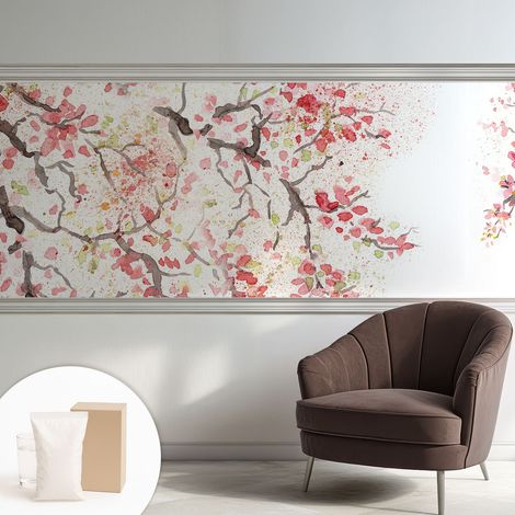 Papier peint intissé décoratif avec colle pour salon chambre et bureau Installation rapide Branches en fleurs 250x104 cm (1/5)