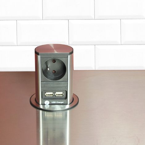 Cuisissimo – Prise rétractable 220V avec 2 ports USB-A – Inox brossé – Ouverture par pression – Prise USB complète pour électricité