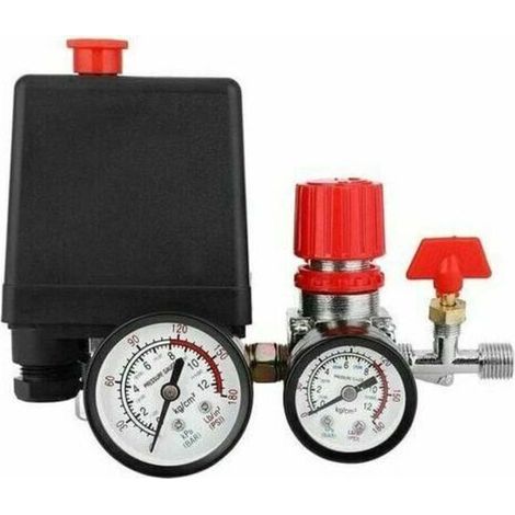 1 régulateur de pression pour compresseur d'air, avec manomètres double échelle, interrupteur marche/arrêt, plage 90-120 psi, pour compresseurs industriels et ateliers (1/4)