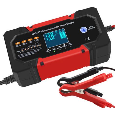 Red 12V 10A 24V 5A 12V 10A 24V 5A car battery charger, smart pulse repair charger, motorcycle battery charger compatible with lead-acid batteries. (1/4)