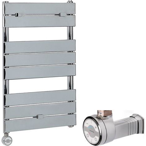 Milano Lustro Electric - Modern Chrome Flat Panel Heated Towel Rail Radiator with Thermostatic Heating Element and Cable Cover - 840mm x 450mm (1/5)