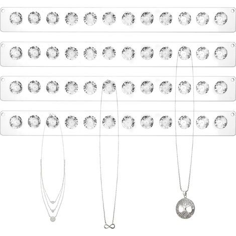Lot de 4 cintres pour colliers en acrylique avec 12 crochets en forme de diamant. organisateur de bijoux mural. design transparent