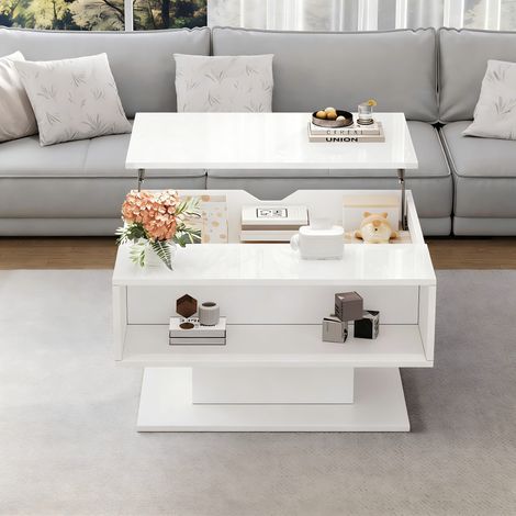 Table basse à relevage hydraulique 80 x 75 x 40 cm, table de salon brillante avec rangement, espace de rangement semi-ouvert, table basse géométrique, table d’appoint ergonomique pour salon, blanc (1/5)