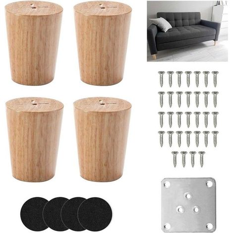 Pieds de meubles en bois de chêne 6 cm Ronds Pour canapé, commode, armoire, table basse Avec patins antislip Plaques de montage (1/5)
